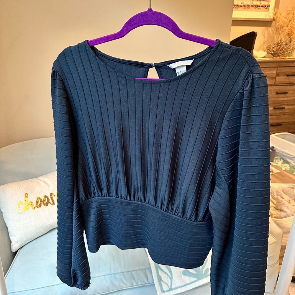 Elegant Navy Ribbed Women's Top